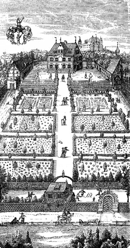 Country house and gardens at the beginning of the 18th century, typical of nobility, upper middle class, wealth, splendour, wall, castle, flower beds, Prussian history, historical illustration 1882