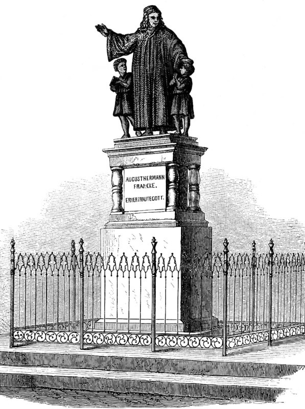 August Hermann Francke monument in Halle, inscription He trusted God, founder of the orphanage, preacher, benefactor, children, Prussian history, historical illustration 1882