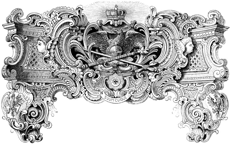 Symbols of Prussian history, royal insignia, crown, sceptre, orb, sword, medals, motto Suum Cuique, to each his own, magnificent ornamentation, historical illustration 1882