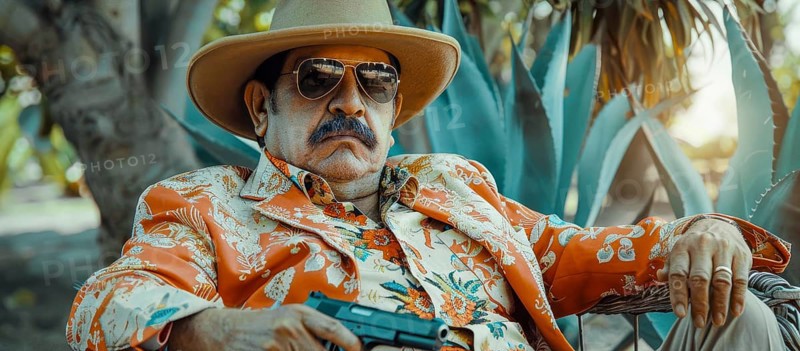 Mexican drug lord criminal and cartel operative. Concept of criminal life and corruption, AI generated