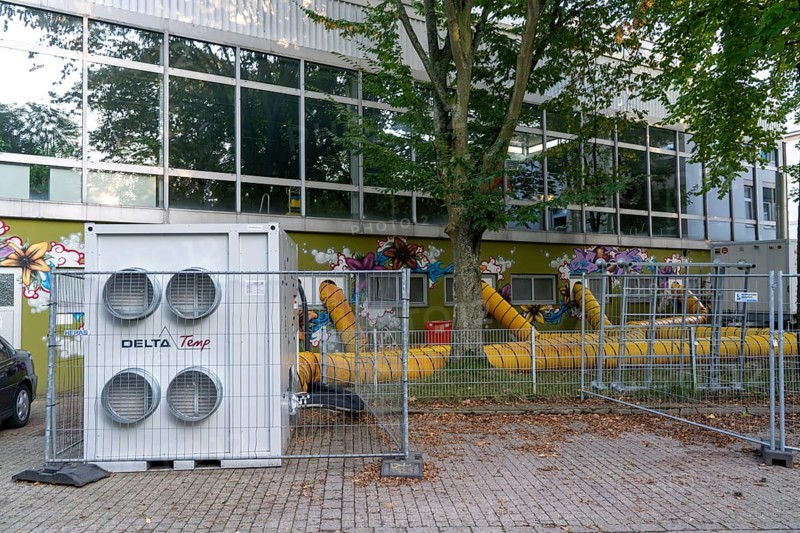 Water damage restoration, dehumidification, after flooding of a building, vacuum drying, indoor swimming pool in Essen-Werden, heavily flooded by the Ruhr flood in July 2021, drying system