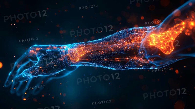 Abstract illustration of an arm composed of glowing blue and orange digital particles on a dark background, AI generated