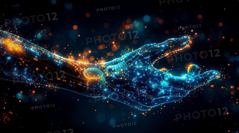 Abstract digital illustration of a hand composed of glowing blue and orange particles set against a dark atmosphere, AI generated