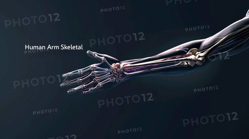 Minimalistic medical illustration of a human arm's skeletal structure on a dark background, AI generated