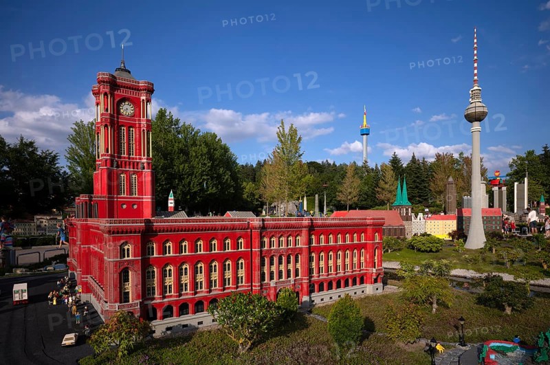 Miniland Berlin with Red Town Hall, Alex TV Tower, Observation Tower, LEGOLAND theme park, Germany, Günzburg, Bavaria, Germany, Europe
