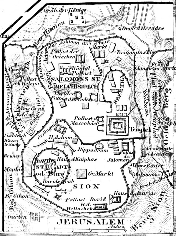 Topographical map of Jerusalem in biblical times with scale and labelling, City of David, City of Solomon, Tomb of the Kings, Palaces, Tomb of the Virgin Mary, Temple, Bible, historical illustration 1854