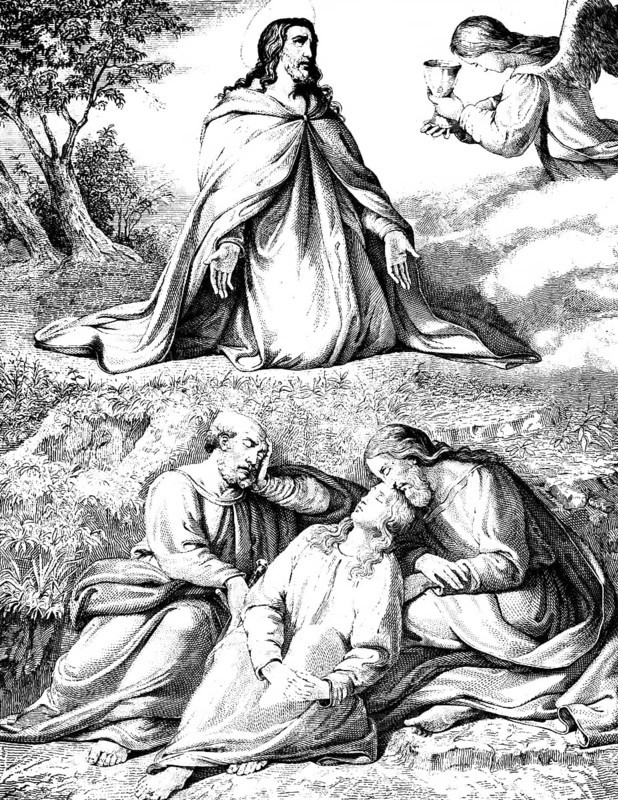 Jesus in prayer, Gospel of Mark chapter 14, angel with chalice, sleeping, outdoors, New Testament, Bible, historical illustration 1854