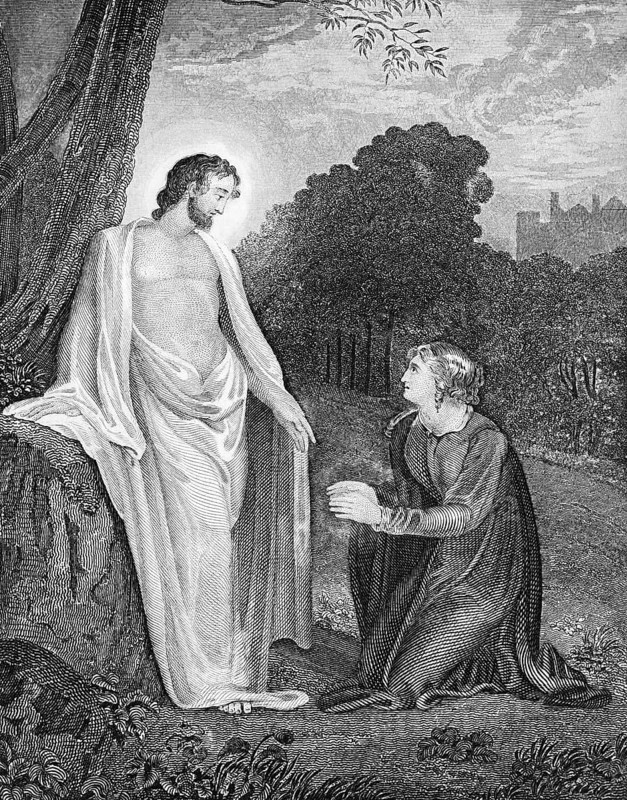 Christ appears to Mary Magdalene, park landscape, Gospel of John chapter 25, New Testament, Bible, historical illustration 1854