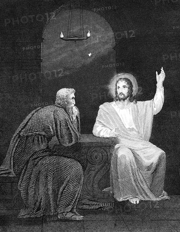 Jesus with the Pharisee Nicodemus, conversation by night, table, oil lamp, Jonanni's Gospel chapter 3, Bible, historical illustration 1854