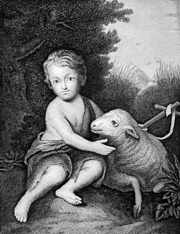 Ecce Agnus Dei or Behold, the Lamb of God, Lamb symbolising Jesus Christ, boy with cross in nature, Old and New Testament, Bible, historical illustration 1854