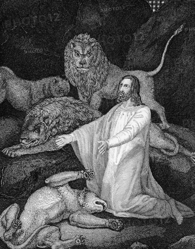 Daniel in the lions' den, king, God, angel, lions, Old Testament, Bible, historical illustration 1854