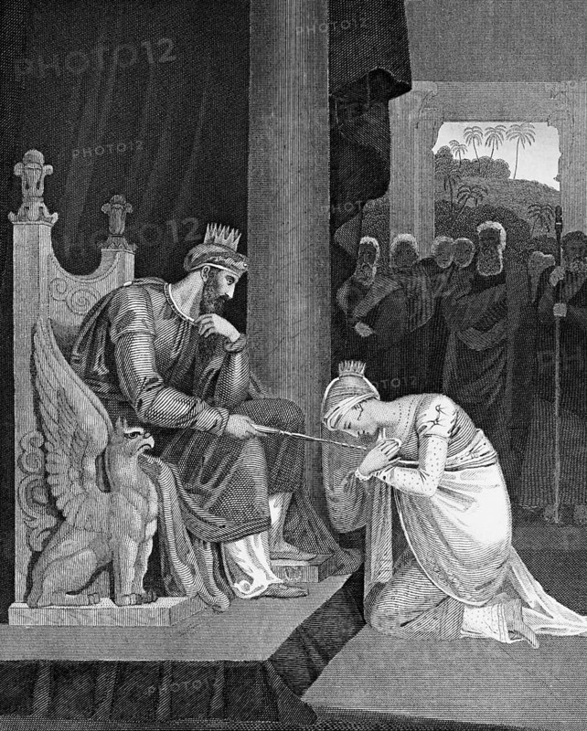 The Persian King Ahaverus takes the Jewish woman Ester as his woman, Book of Ester, chapter 7, Persia, Iran, royal throne, hall, Old Testament, Bible, historical illustration 1854, Asia