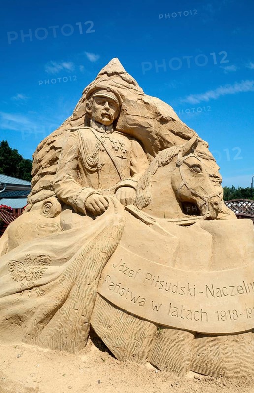 Jozef Pilsudski, Poland's first head of state as a sand figure in Swinoujscie, Swinemünde, West Pomerania, Poland, Europe