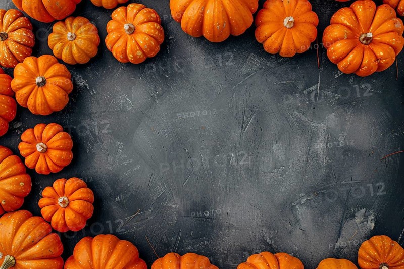 Top view of many small orange pumpkins on dark chalk background with copy space. Generative AI, AI generated
