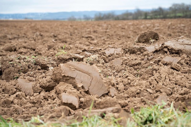 Topsoil brown soil on an agricultural field view from low angle, focus on foreground during cloudy day