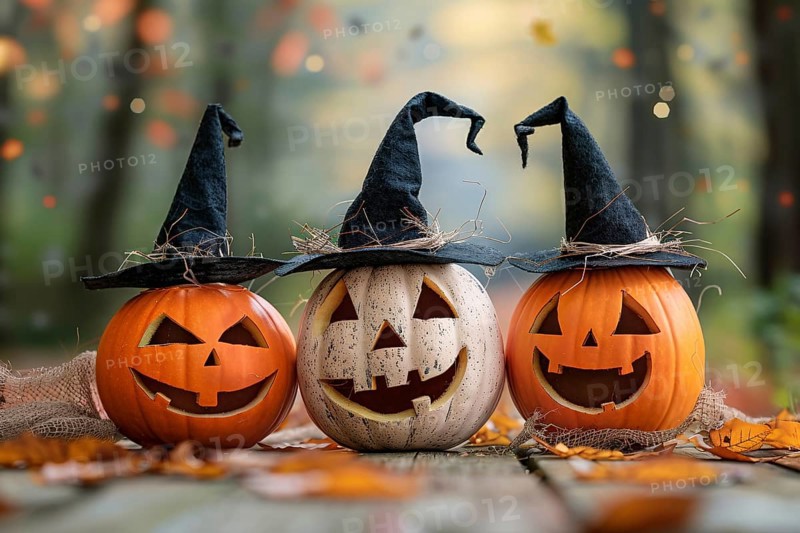 Three carved Halloween pumpkins with witch hats. Generative Ai, AI generated