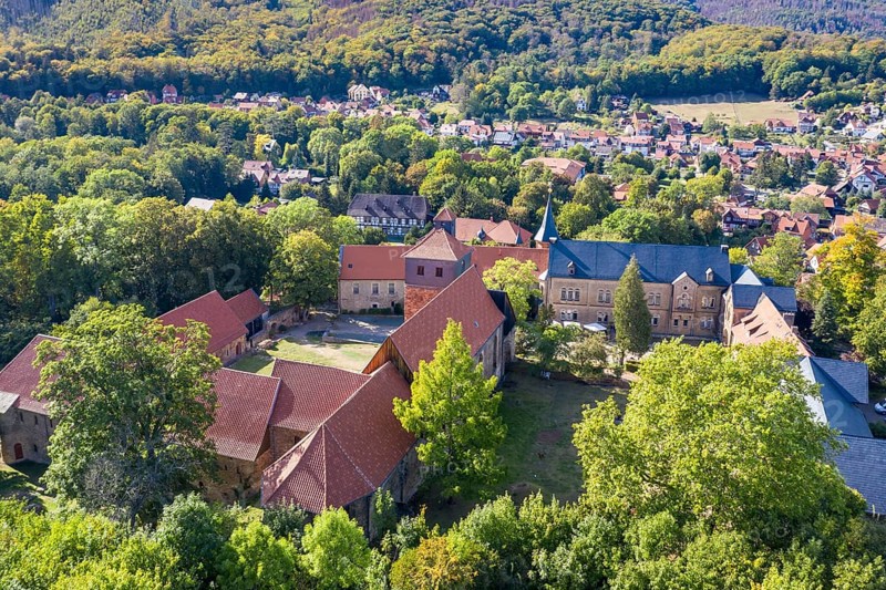 Aerial view of Ilsenburg monastery, village Ilsenburg, Harz, Germany, Europe