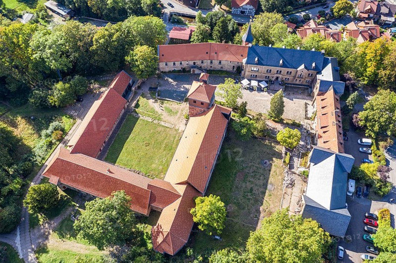 Aerial view of Ilsenburg monastery, village Ilsenburg, Harz, Germany, Europe