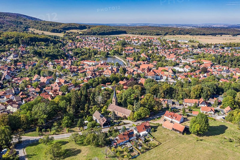 Aerial view of village Ilsenburg, Harz, Germany, Europe