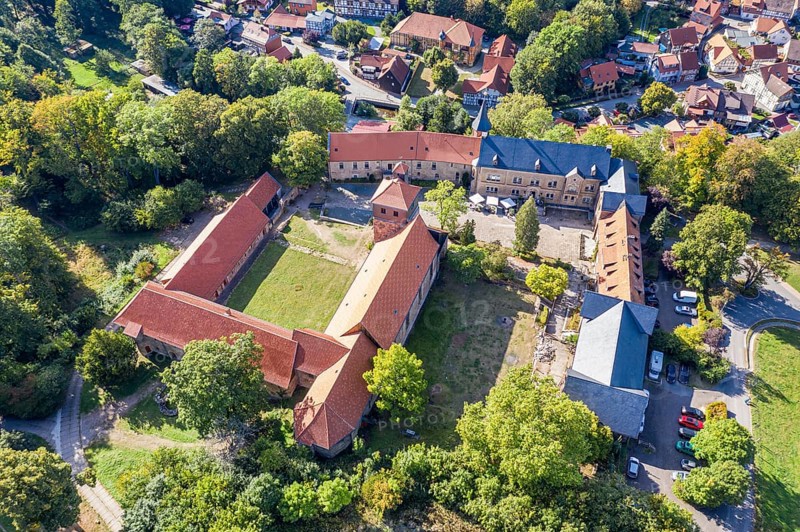 Aerial view of Ilsenburg monastery, village Ilsenburg, Harz, Germany, Europe