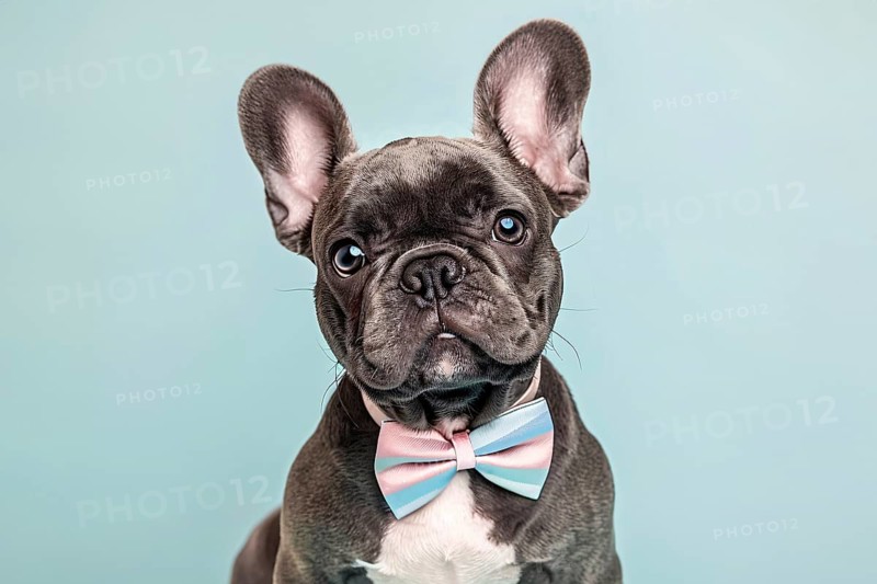 Cute black Frendh Bulldog dog with bow tie in front of blue studio background. Generative Ai, AI generated