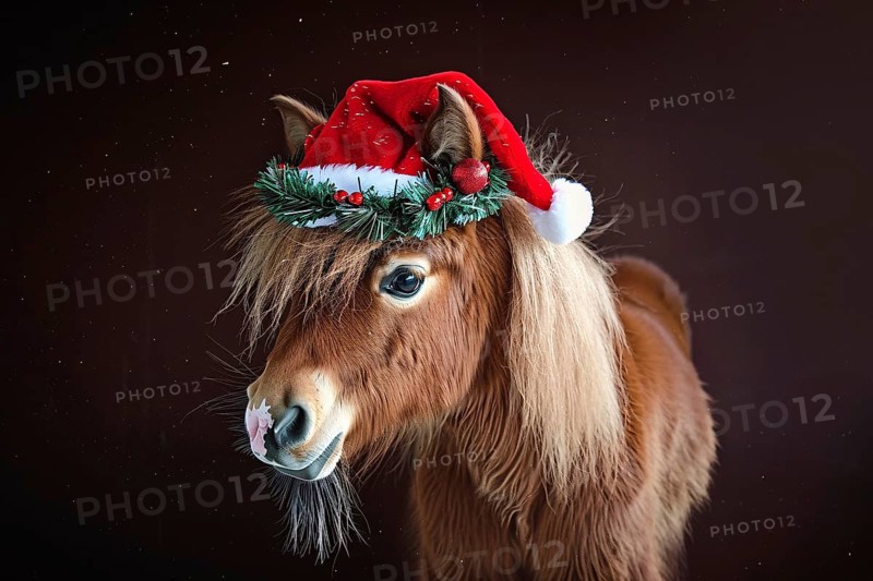 Small brown pony with red Santa Christmas hat in front of dark background. Generative Ai, AI generated