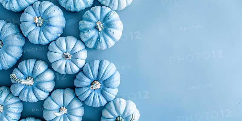 Banner with pastel blue decorative pumpkins on side of blue background with copy sapce. Generative Ai, AI generated