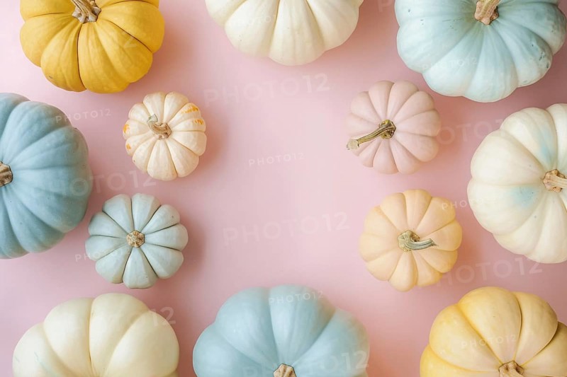 Colorful pumpkins on pastel pink background with copy space. Generative AI, AI generated