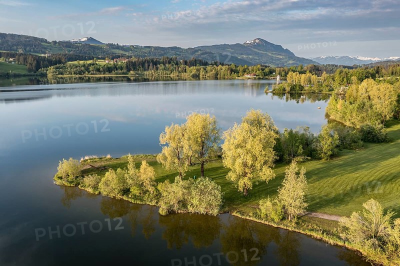 Aerial view over lake Rottachsee towards mountain Grünten, Allgäu, Bavaria, Germany, Europe