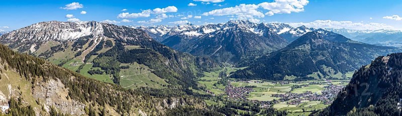 Aerial panoramic view over Bad Hindelang and Bad Oberdorf, seen from Hirschalpe, Allgau, Germany, Europe