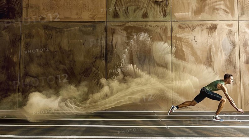 A male athlete running indoors on a track, with a cloud of dust trailing behind, highlighting focus and motion, AI generated