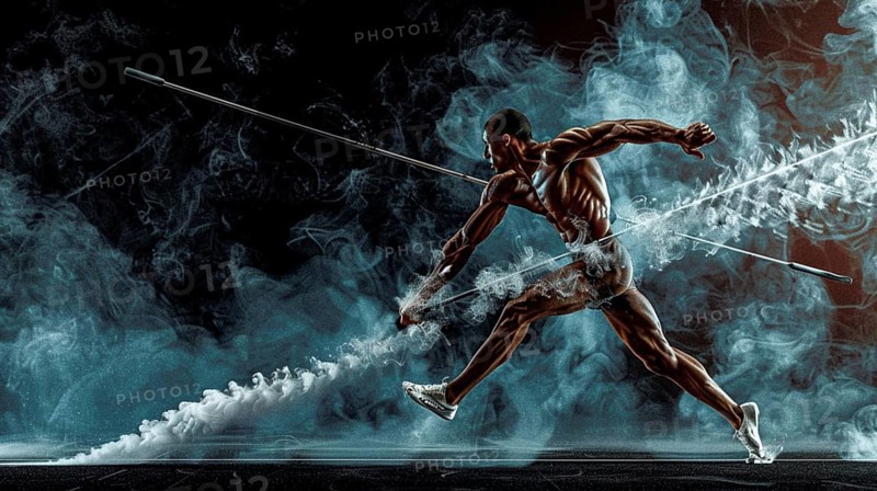 Athletic man performing pole vault through blue smoke creating a detailed and dynamic atmosphere, AI generated