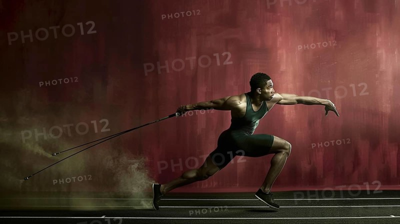 A man poised to throw a javelin against a backdrop of red smoke, emphasizing strength and focus, AI generated
