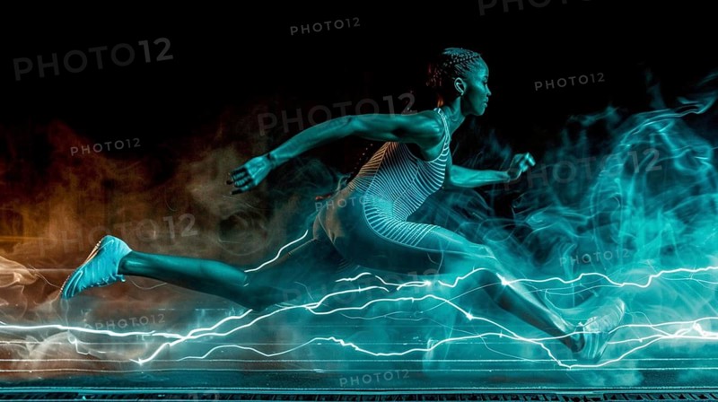 A woman sprints against a backdrop of blue smoke and electric effects, exuding energy and speed, AI generated