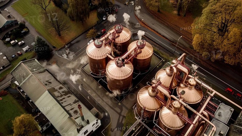 Aerial view of an industrial facility with large copper tanks emitting steam, AI generated
