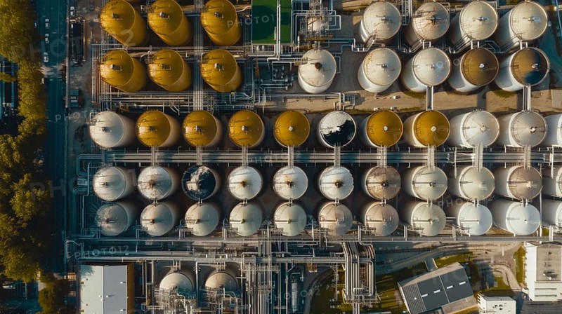Aerial view of an industrial plant with numerous storage tanks, some yellow and some white, interconnected by pipelines, adjacent to trees and buildings, AI generated