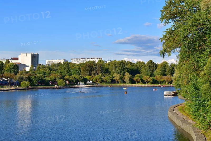 Moscow, Russia, July 30. 2023. Victory Park and large city pond in Zelenograd, Europe
