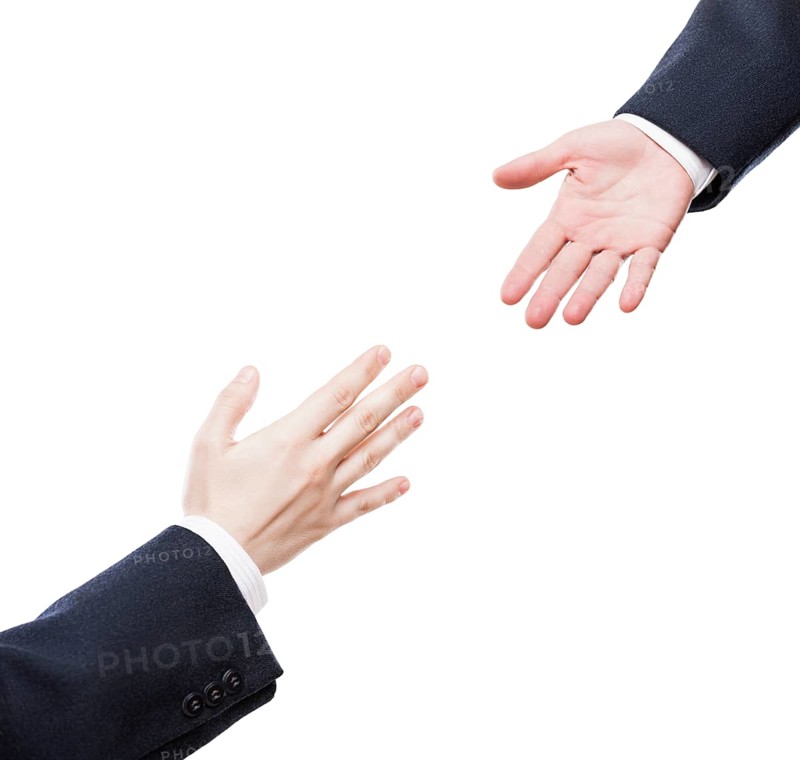 Business support and assistance concept, businessman giving helping hand to team partner white isolated