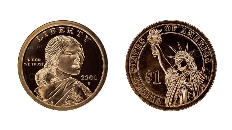 US one dollar coin, Sacagawea and Statue of Liberty. Isolated on white background