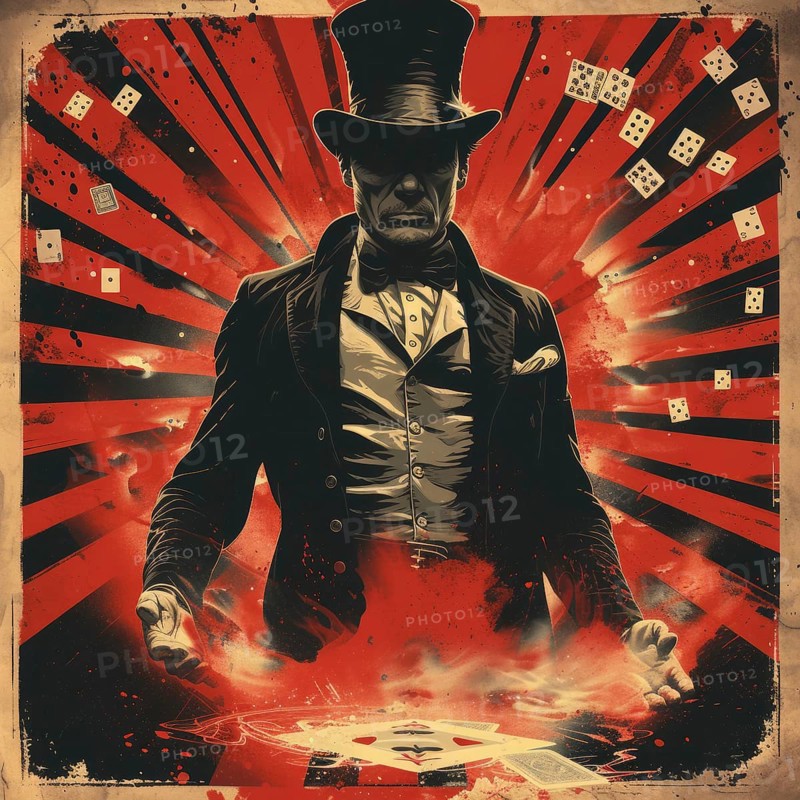 A poster of a magician in a top hat with playing cards and red rays emanating, set against a dark, mystical background, AI Generated, AI generated
