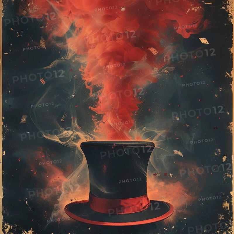 A top hat poster releasing smoke and playing cards with a fiery ambiance, set against a dark background, AI Generated, AI generated