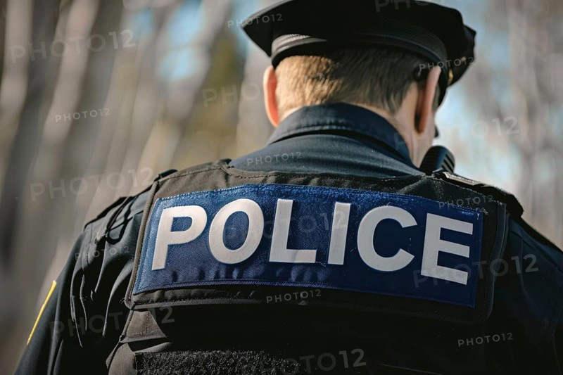 Back view of police officer with bulletproof vest with text 'Police'. Generative Ai, AI generated