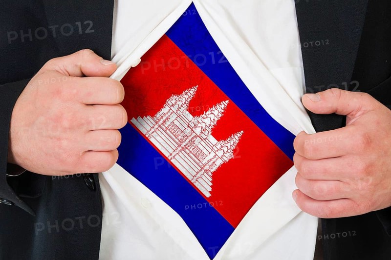 The Cambodian flag painted on the chest of a man