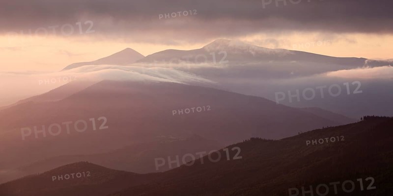 Panoramic view of Carpathian mountains silhoutte, Ukraine, Europe