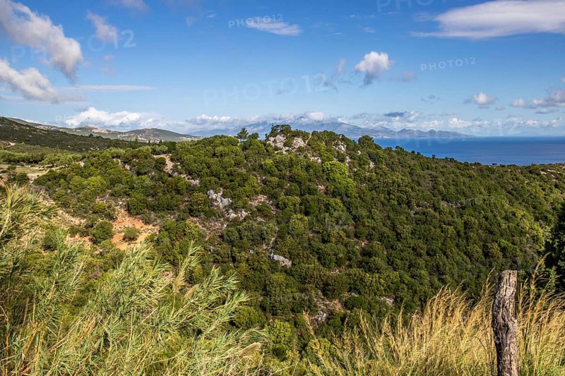 Great typical Greek landscape, Mediterranean nature of Greece. Landscape shot in the evening, twilight on Zakynthos, Ionian Islands, Greece, Europe