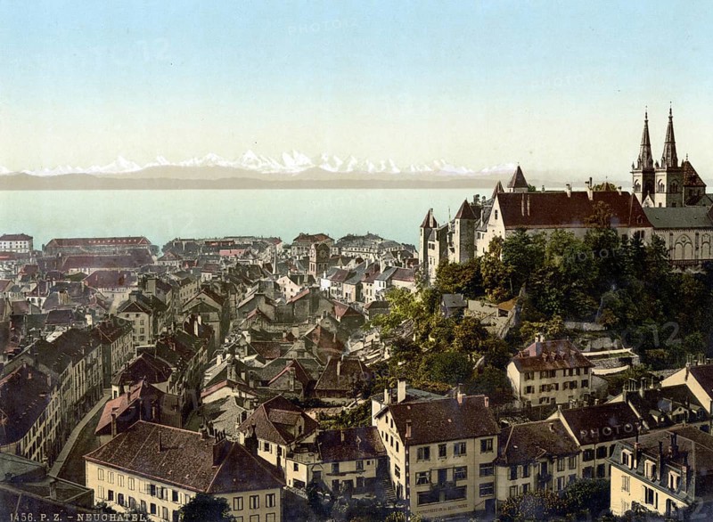 The city, General view with the Alps, Neuchatel and the castle, Switzerland, Historical, digitally restored reproduction from a 19th century original, Record date not stated, Europe