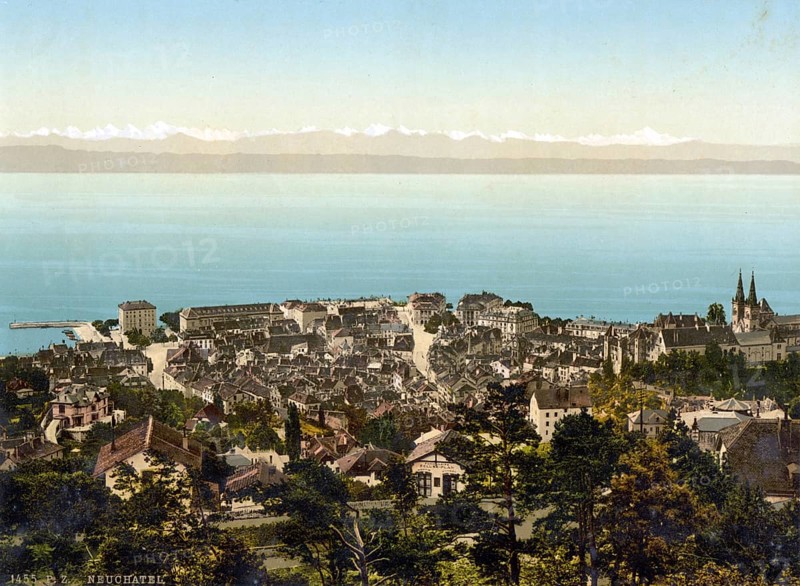 The city, general view with the Alps, Neuchatel, Switzerland, Historical, digitally restored reproduction from a 19th century original, Record date not stated, Europe