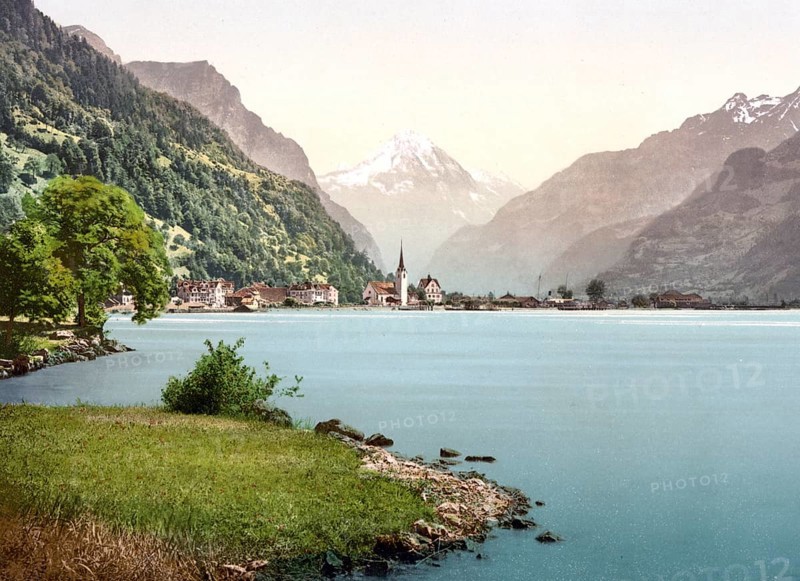 Flueelen, General view, Vierwaldstaettersee, Switzerland, Historical, digitally restored reproduction from a 19th century original, Record date not stated, Europe