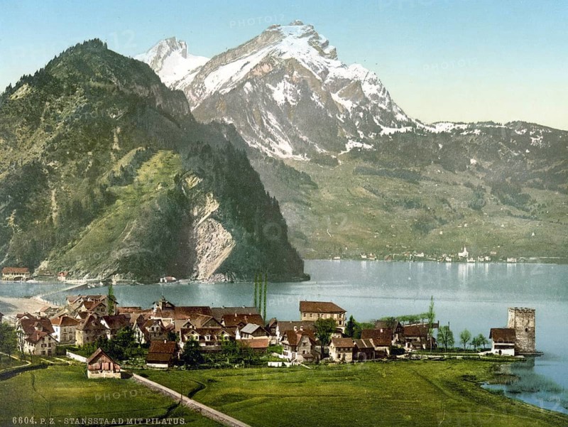 Stanstaad and Pilatus, Vierwaldstaettersee, Switzerland, Historical, digitally restored reproduction from a 19th century original, Record date not stated, Europe