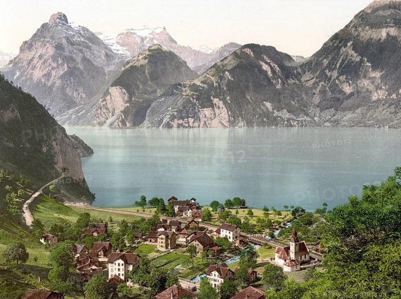 Sisikon, Vierwaldstaettersee, Switzerland, Historic, digitally restored reproduction from a 19th century original, Record date not stated, Europe